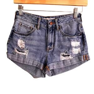 Bullhead High Rise Short Size 24 Light Wash Denim Distressed Jean Shorts Cuffed
